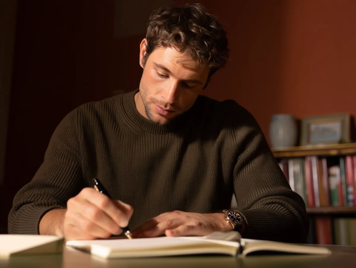 Homem escrevendo em ambiente descontraído