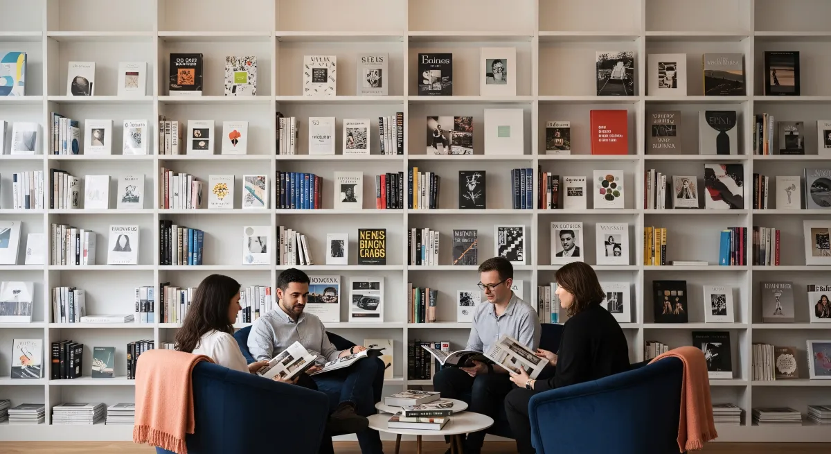 Grupo discutindo textos criativos juntos